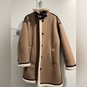 Zara Tan Trench Coat with Cream Shearling Trim